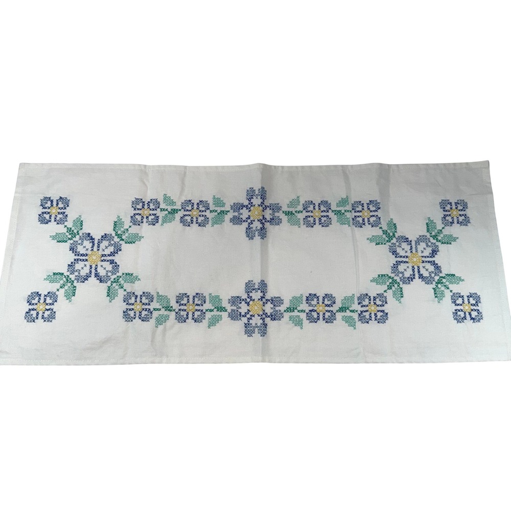 VTG Table Runner 25x10 White Blue Floral Cross Stitch Cottagecore Farmhouse